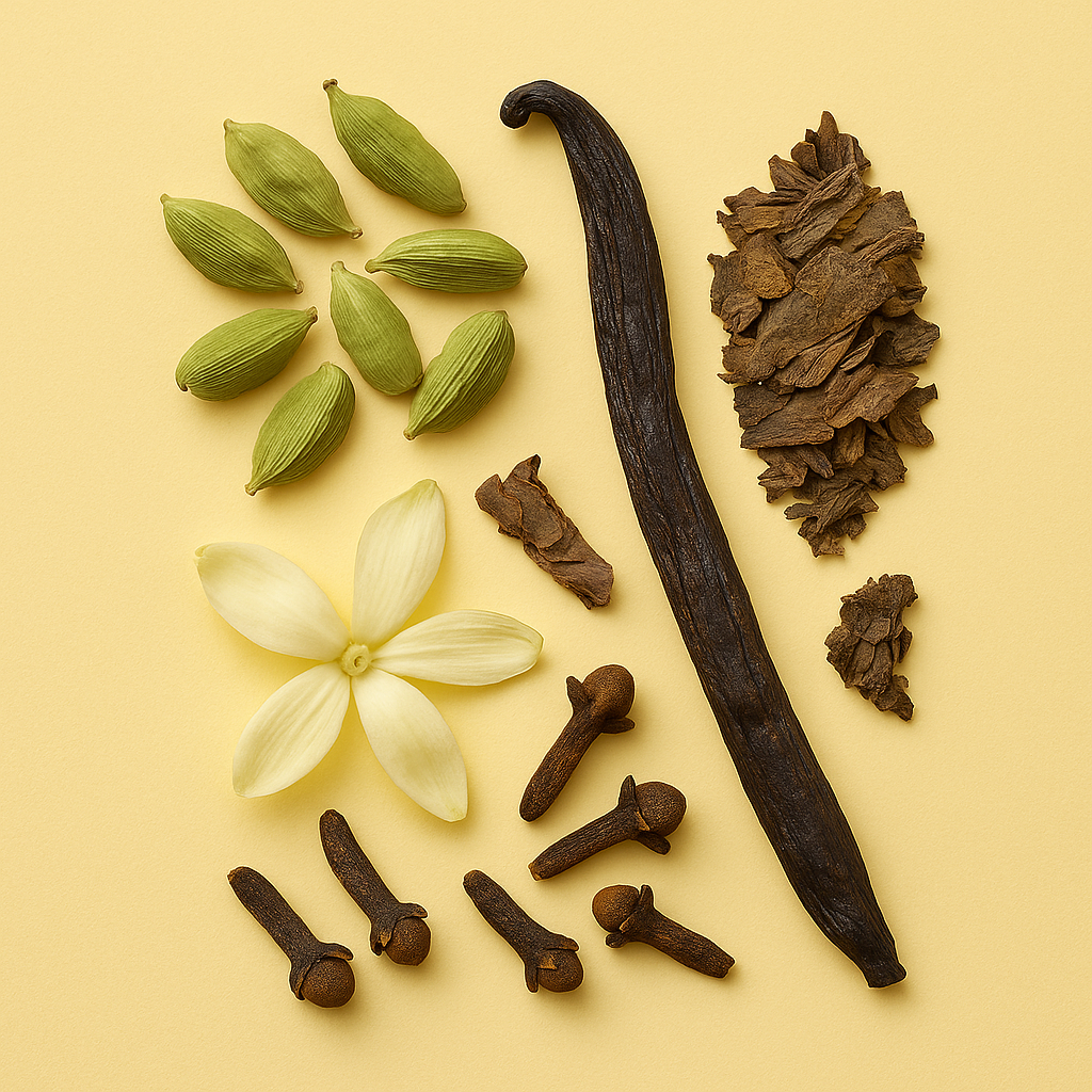 Eine Vanilleschote, Nelken, Kardamomschoten, eine weiße Blüte und getrocknete Holzstücke auf einer hellgelben Fläche.