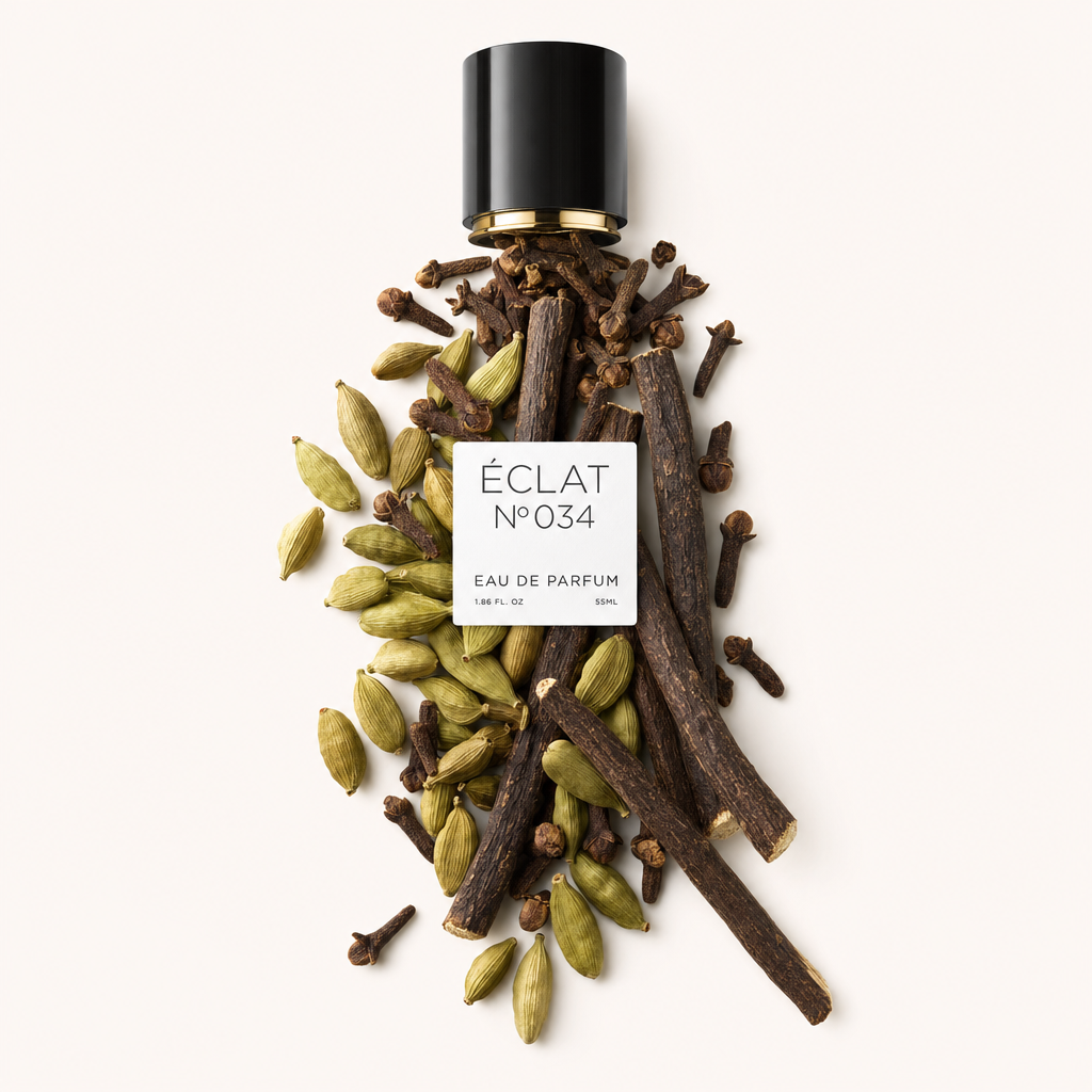 Ein elegantes Arrangement aus Kardamomkapseln und Nelken umrahmt eine schwarze Verschlusskappe mit Etikett und setzt ÉCLAT Cloves & Cardamom in Szene.