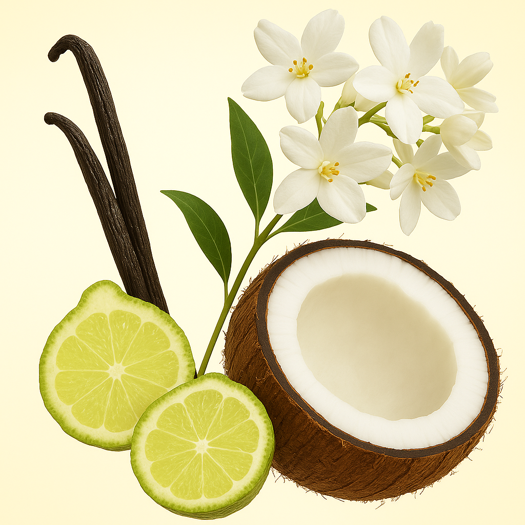 Eine Komposition aus Kokosnuss, Jasminblüten, Limettenscheiben und Vanilleschoten, die den Duft ÉCLAT Coconut & Jasmine repräsentiert.