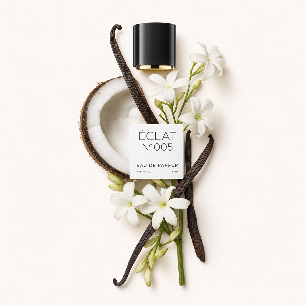 Ein Arrangement aus weißen Jasminblüten und Vanilleschoten, neben einer halbierten Kokosnuss, umgibt eine schwarze Kappe mit einem Etikett von ÉCLAT No.005.