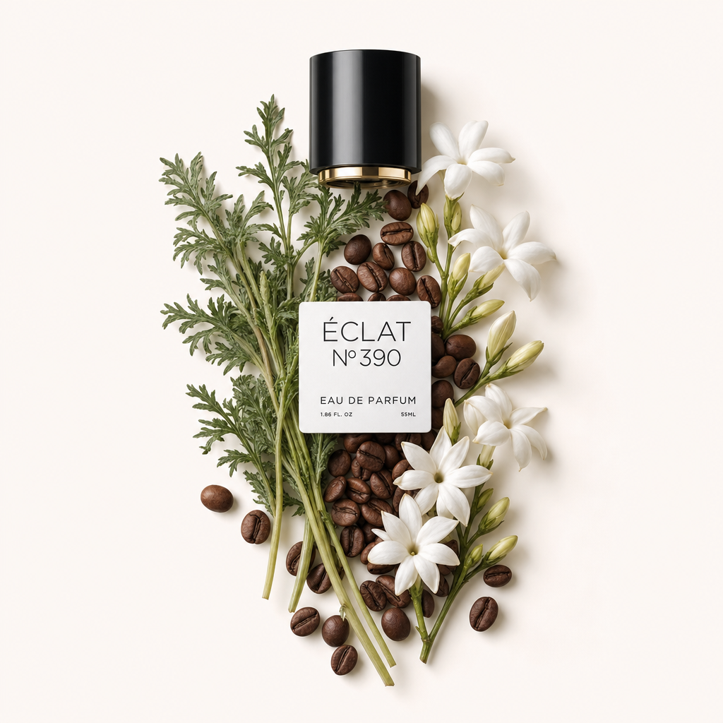 Ein Arrangement aus Wermutblättern, Kaffeebohnen und Jasminblüten umgibt eine schwarze Verschlusskappe mit Etikett für ÉCLAT Coffee & Absinthe.