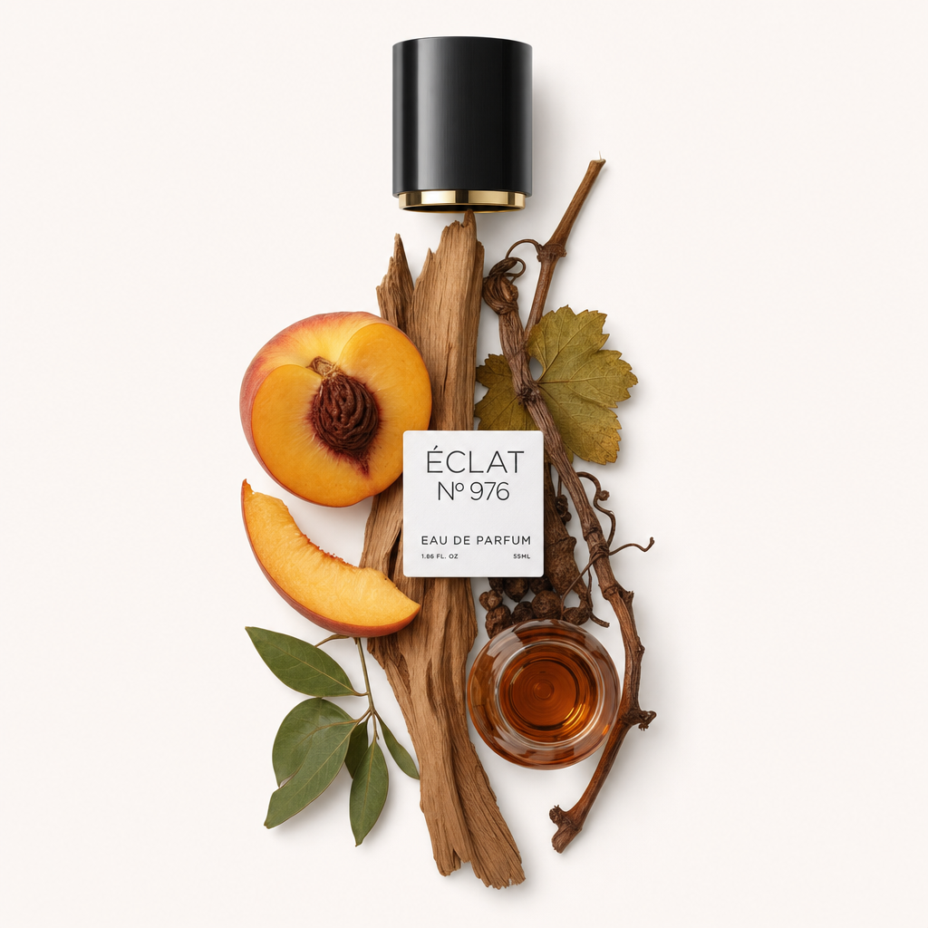 Ein Arrangement aus natürlichen Zutaten wie einem frischen Pfirsich, geschnittenem Pfirsich, Holzstäbchen und Weinblättern, das eine schwarze ÉCLAT-Kappe mit goldenem Inneren umgibt.