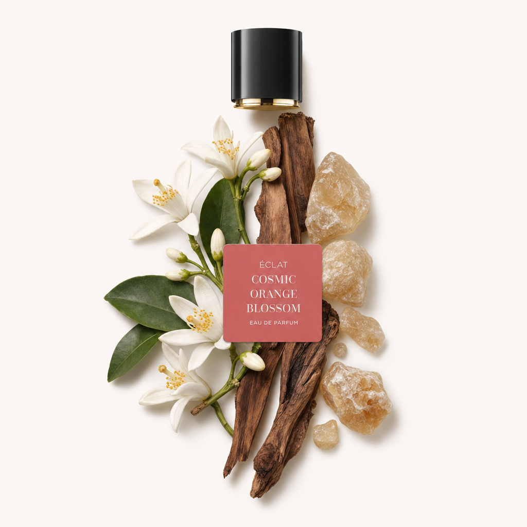 Ein Arrangement aus Orangenblüten, Holzstücken und Harzsplittern umgibt eine schwarze Kappe mit Etikett für ÉCLAT Cosmic Orange Blossom.