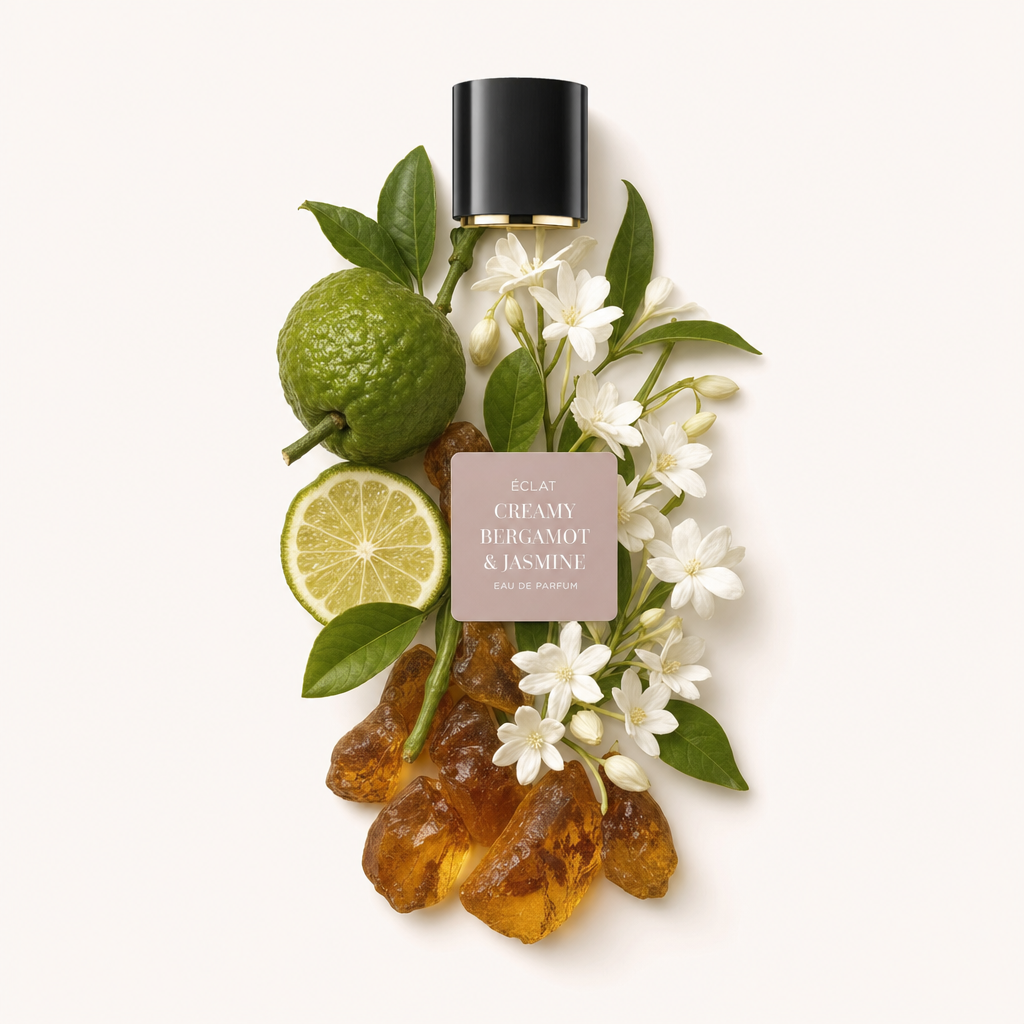 Ein Arrangement aus Bergamotte, Jasminblüten und Bernstein umgibt eine schwarze Kappe mit einem ÉCLAT Creamy Bergamot & Jasmine-Etikett.