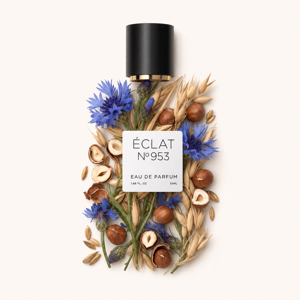 Ein Arrangement aus blauen Kornblumen und Haselnüssen umgibt eine schwarze Kappe mit goldener Verzierung und dem ÉCLAT Creamy Cornflower Etikett.