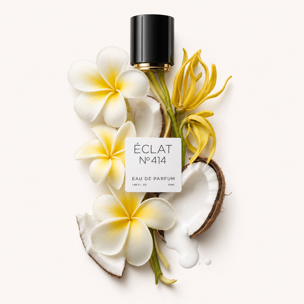Ein Arrangement aus cremigen Frangipani-Blüten, Ylang-Ylang und offenen Kokosnusshälften umgibt eine schwarze Kappe mit ÉCLAT-Etikett.