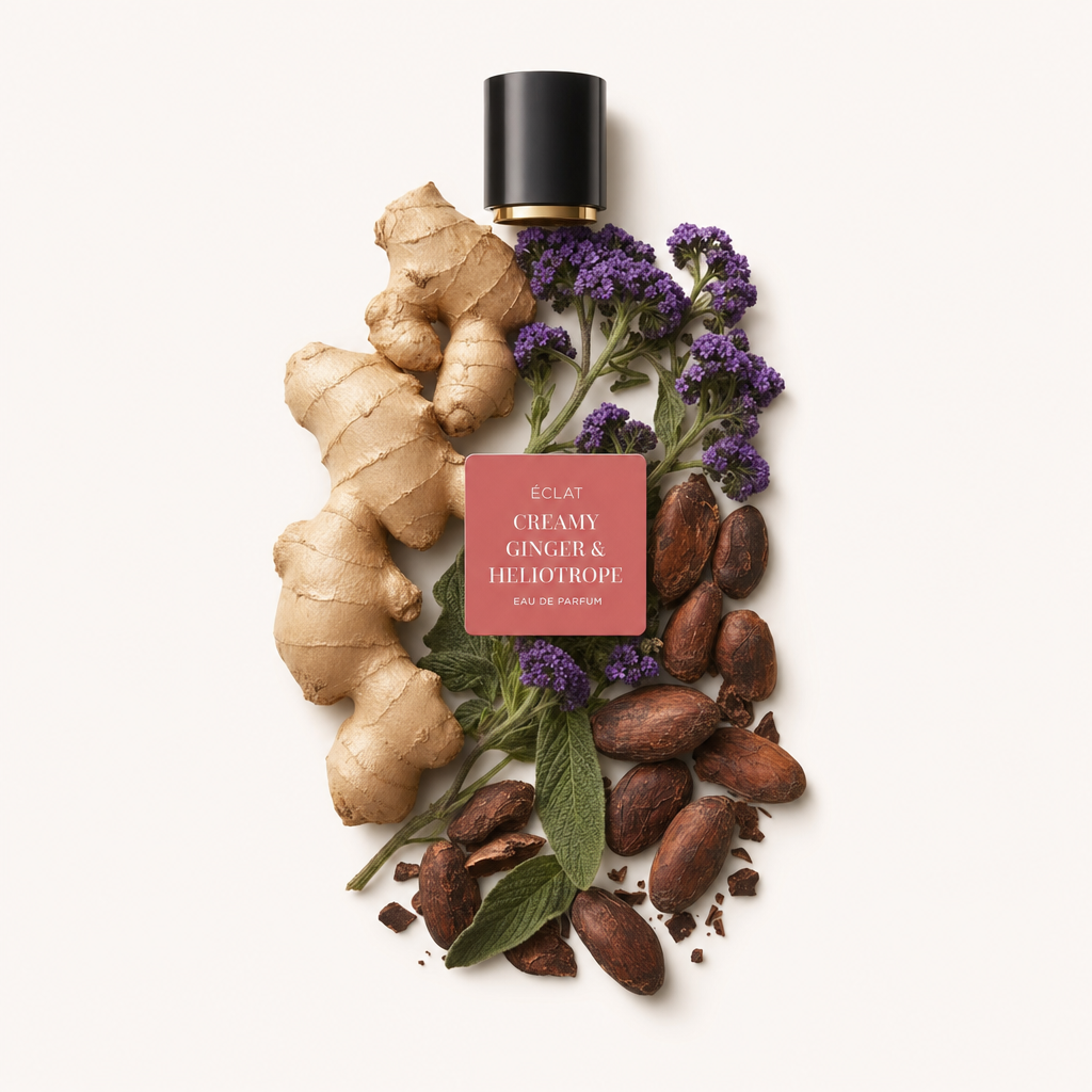 Ein Arrangement aus Ingwerwurzel, violetten Heliotropblüten und Kakaobohnen mit einer schwarzen Kappe, beschriftet mit ÉCLAT Creamy Ginger & Heliotrope.