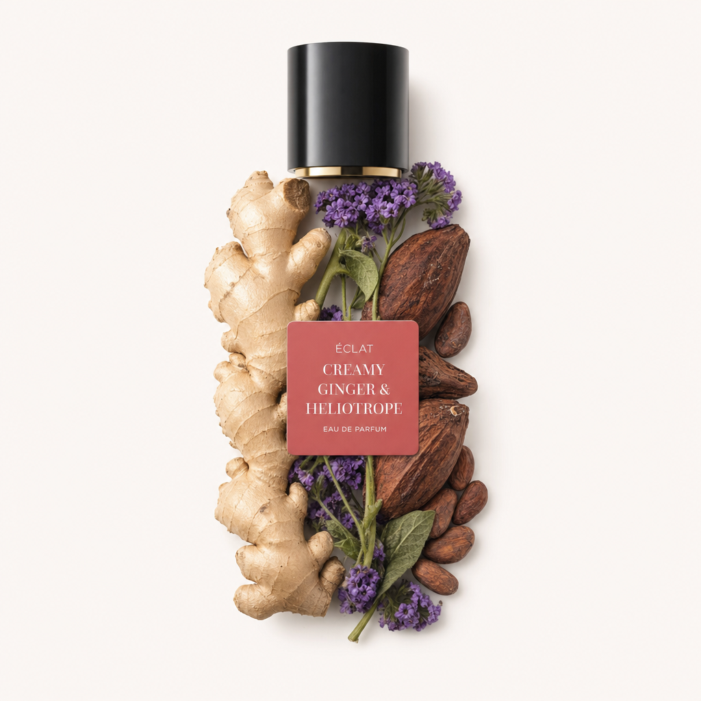 Ein Arrangement aus Ingwer, Kakaoschoten und Heliotrop-Blüten umgibt eine schwarze Verschlusskappe mit Etikett für ÉCLAT Creamy Ginger & Heliotrope.