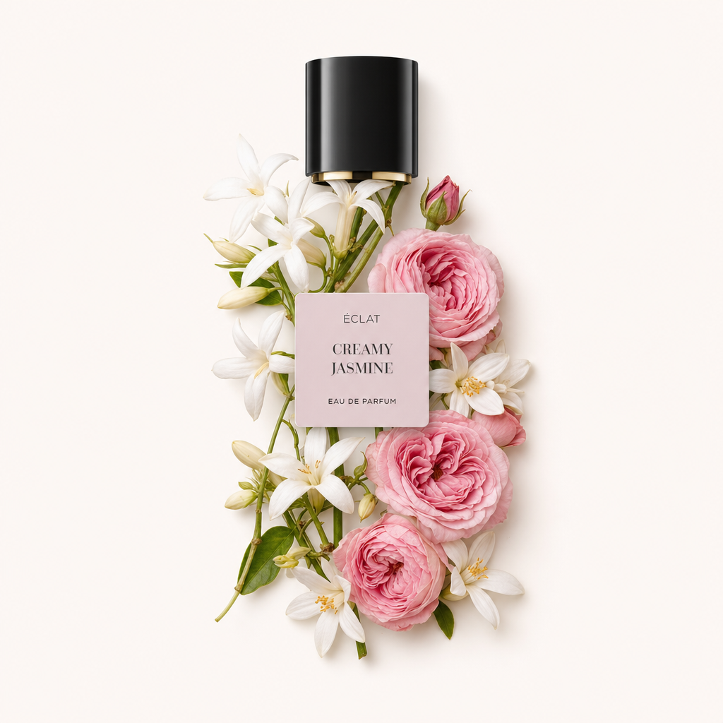 Ein von Hand arrangiertes Arrangement aus weißen Jasmin- und rosa Rosenblüten umgibt die schwarze ÉCLAT Creamy Jasmine Kappe mit Etikett.