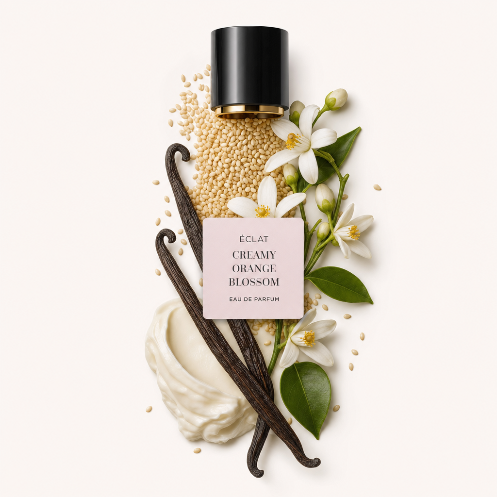 Ein Arrangement aus Vanilleschoten, Orangenblüten, einem Sahnehäubchen und Sesamsamen unter der Verschlusskappe von ÉCLAT Creamy Orange Blossom mit Etikett.