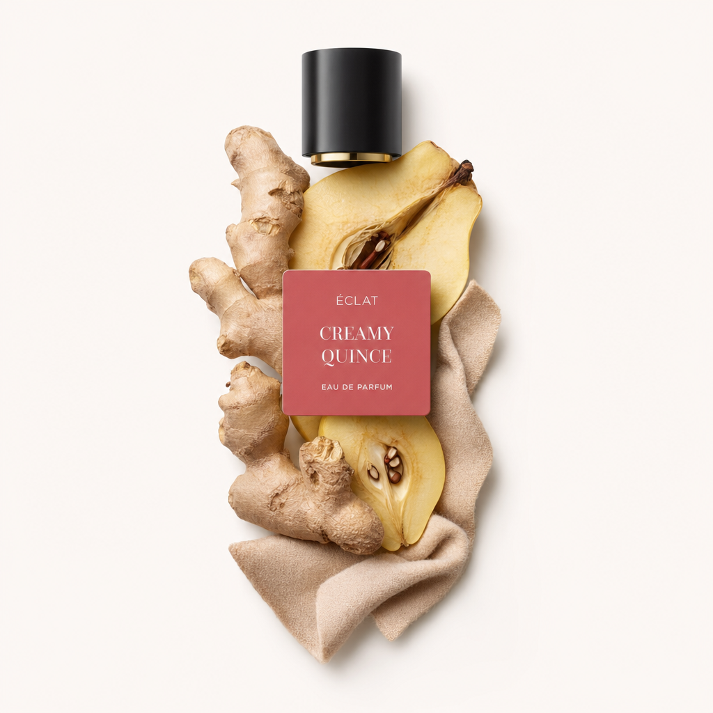 Ein Stillleben-Arrangement mit Ingwerwurzeln und geschnittener Quitte, ergänzt durch eine schwarze Kappe mit dem Etikett 'ÉCLAT Creamy Quince'.