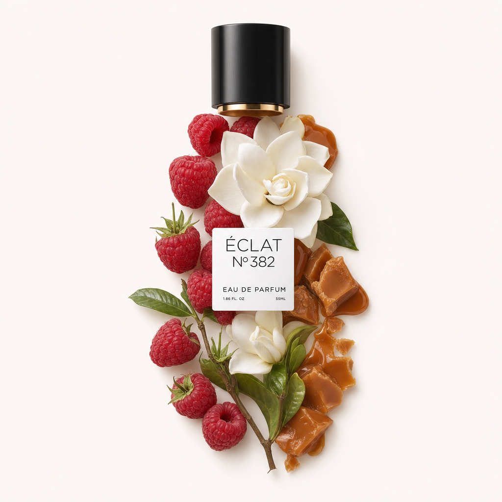 Ein Arrangement aus frischen Himbeeren, weißen Blüten und Karamell ist kunstvoll unter einer schwarzen Kappe mit Etikett für ÉCLAT Creamy Raspberry platziert.