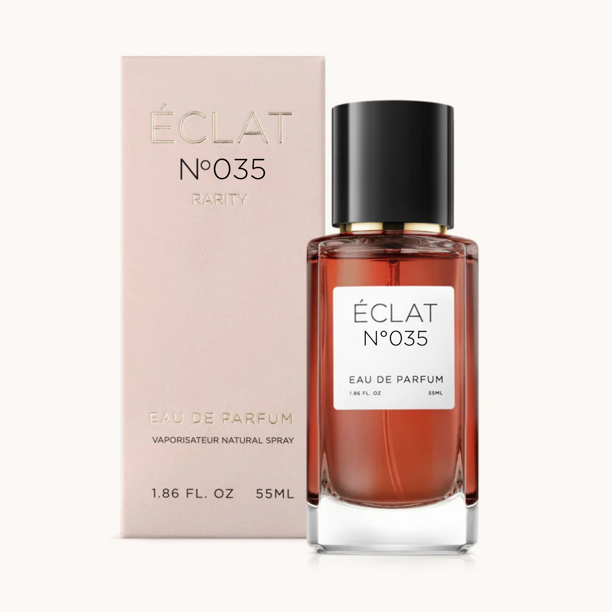 ÉCLAT Creamy Tuberose Parfumflakon mit facettiertem Glas und schwarzer Kappe, neben einer hellrosa Präsentbox.