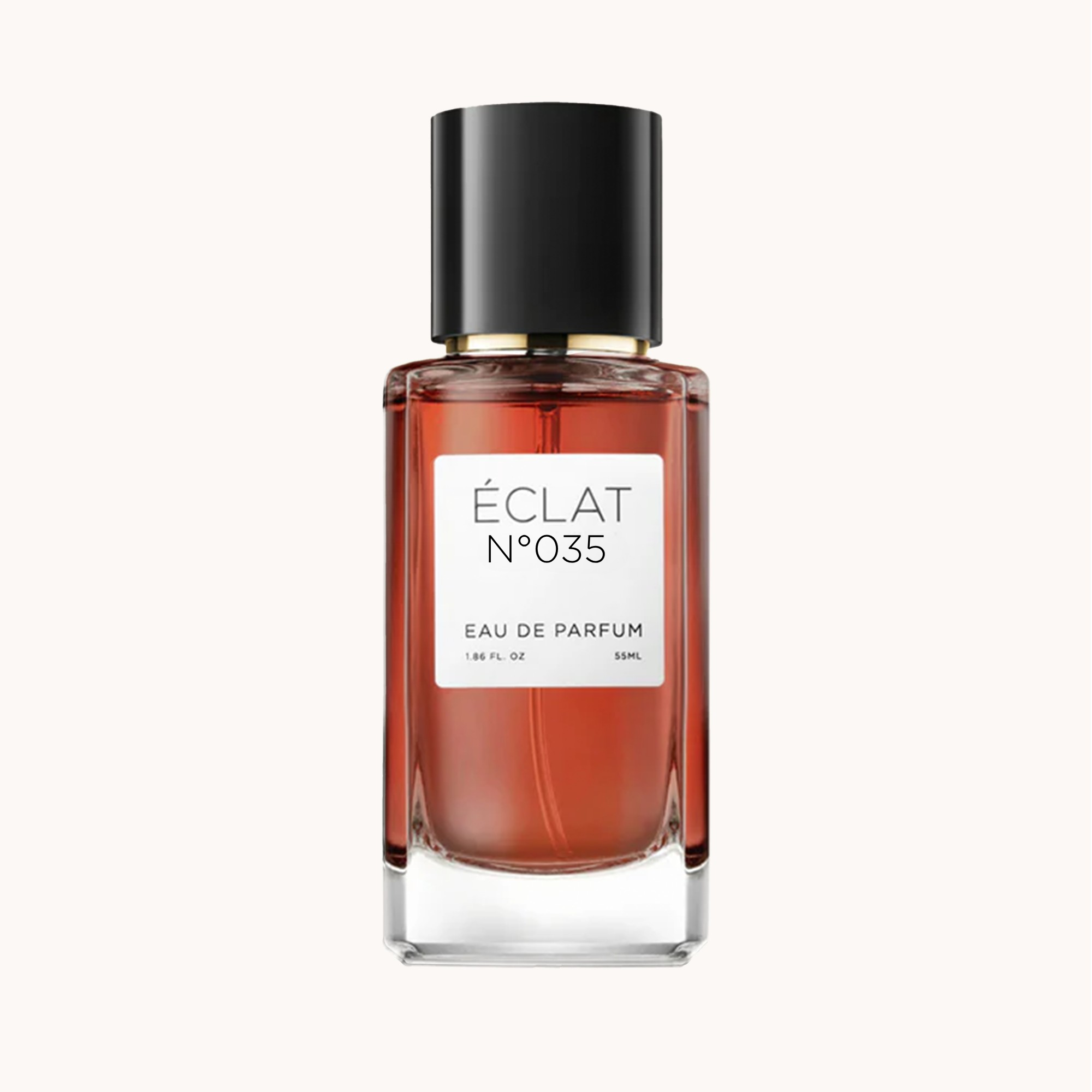 Facettierter Glasflakon mit schwarzer Kappe, enthält ÉCLAT Creamy Tuberose, mit weißem Etikett.