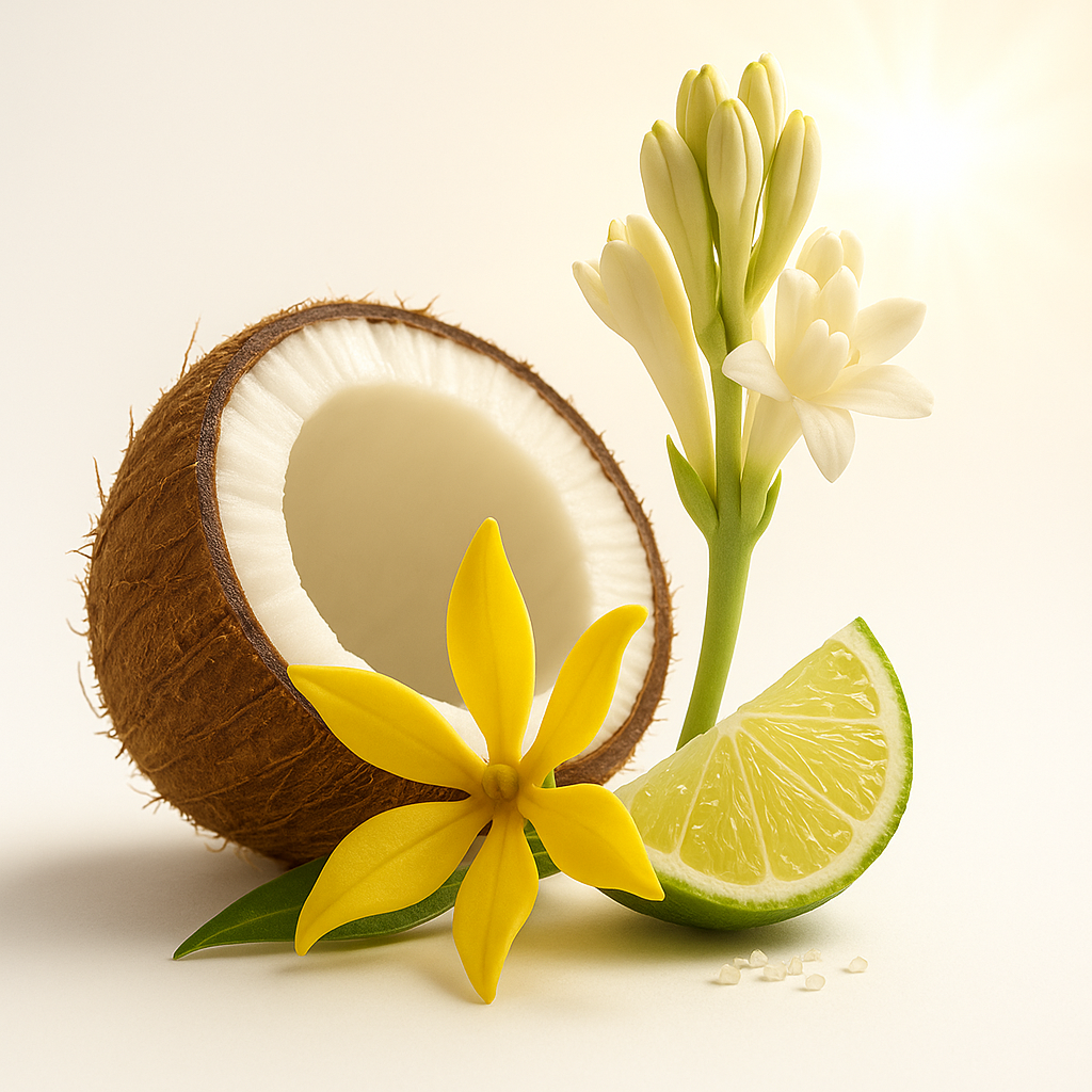 Halbe Kokosnuss, gelbe Ylang-Ylang-Blüte, Tuberose und ein Limettenstück in sanftem Licht arrangiert.