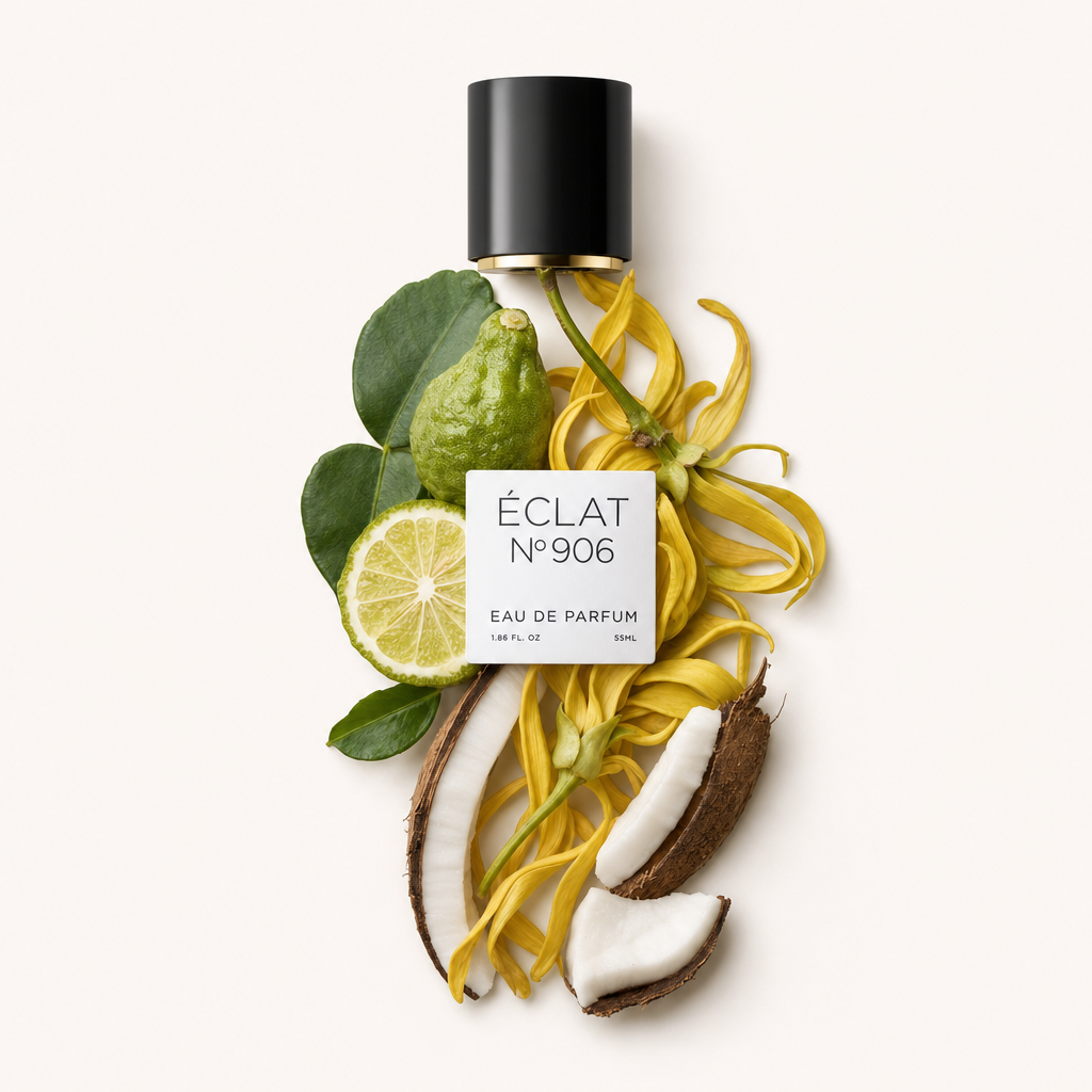 Ein Arrangement aus Ylang-Ylang-Blüten, Bergamotte und Kokosnussstücken umgibt eine schwarze Kappe mit ÉCLAT 906 VIP Etikett.