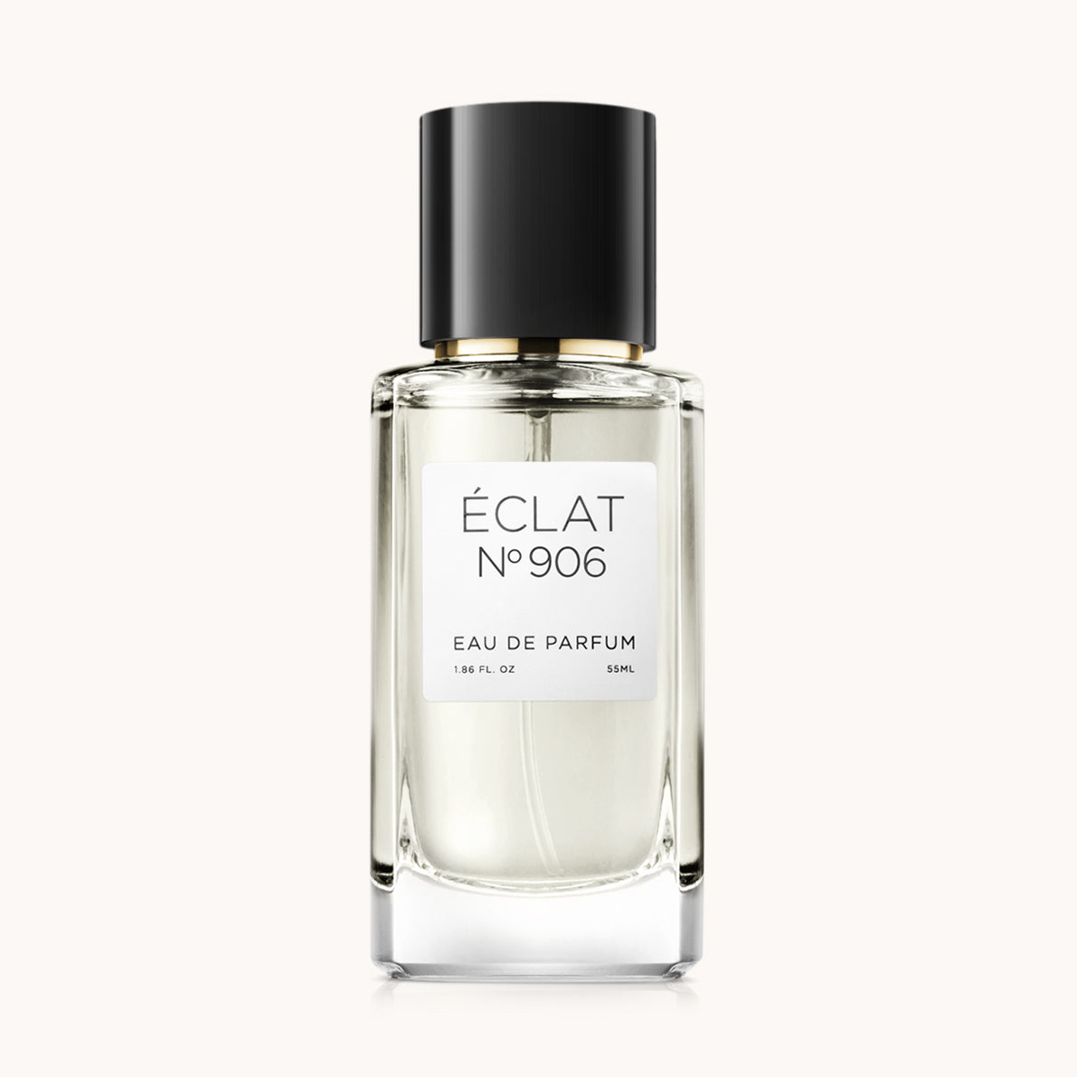 Ein facettierter Glasflakon von ÉCLAT Creamy Ylang-Ylang mit einem eleganten schwarzen Verschluss und einem schlichten weißen Etikett.