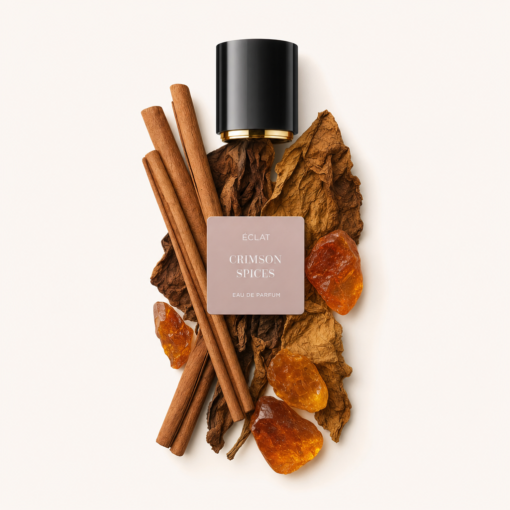 Ein Arrangement aus Zimtstangen, getrockneten Tabakblättern und Bernsteinsteinen umgibt die schwarze Kappe mit dem ÉCLAT Crimson Spices Etikett.