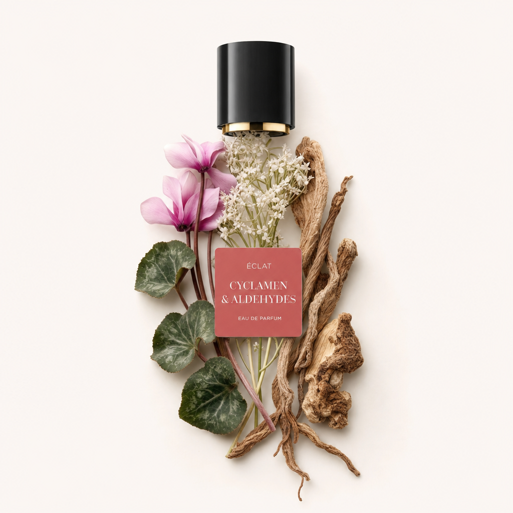 Ein Arrangement aus Alpenveilchenblüten, zarten weißen Blüten und getrockneten Wurzeln mit ÉCLAT Cyclamen & Aldehydes Kappe und Etikett.