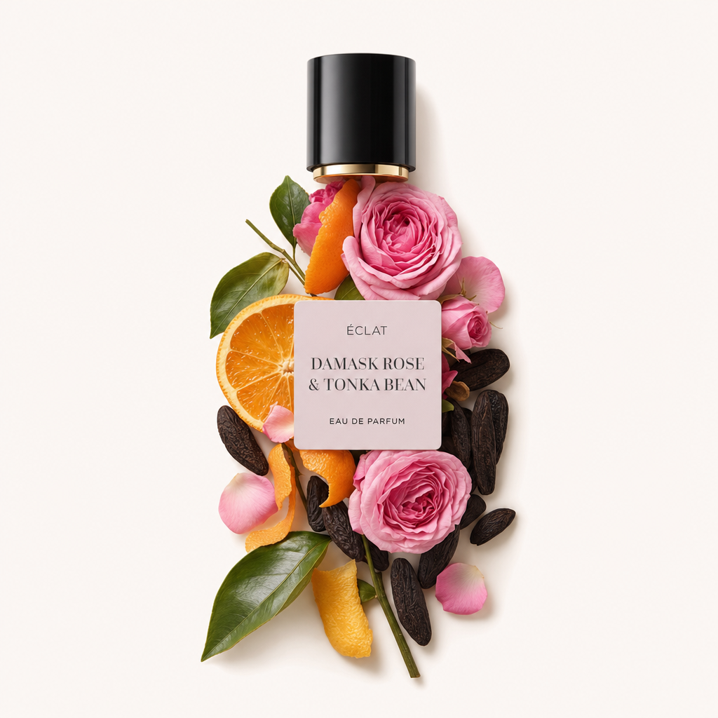 Ein elegantes Arrangement aus frischen Rosenblüten, ganzen Tonkabohnen und leuchtenden Orangenscheiben umgibt eine schwarze Verschlusskappe mit dem Etikett ÉCLAT Damask Rose & Tonka Bean.