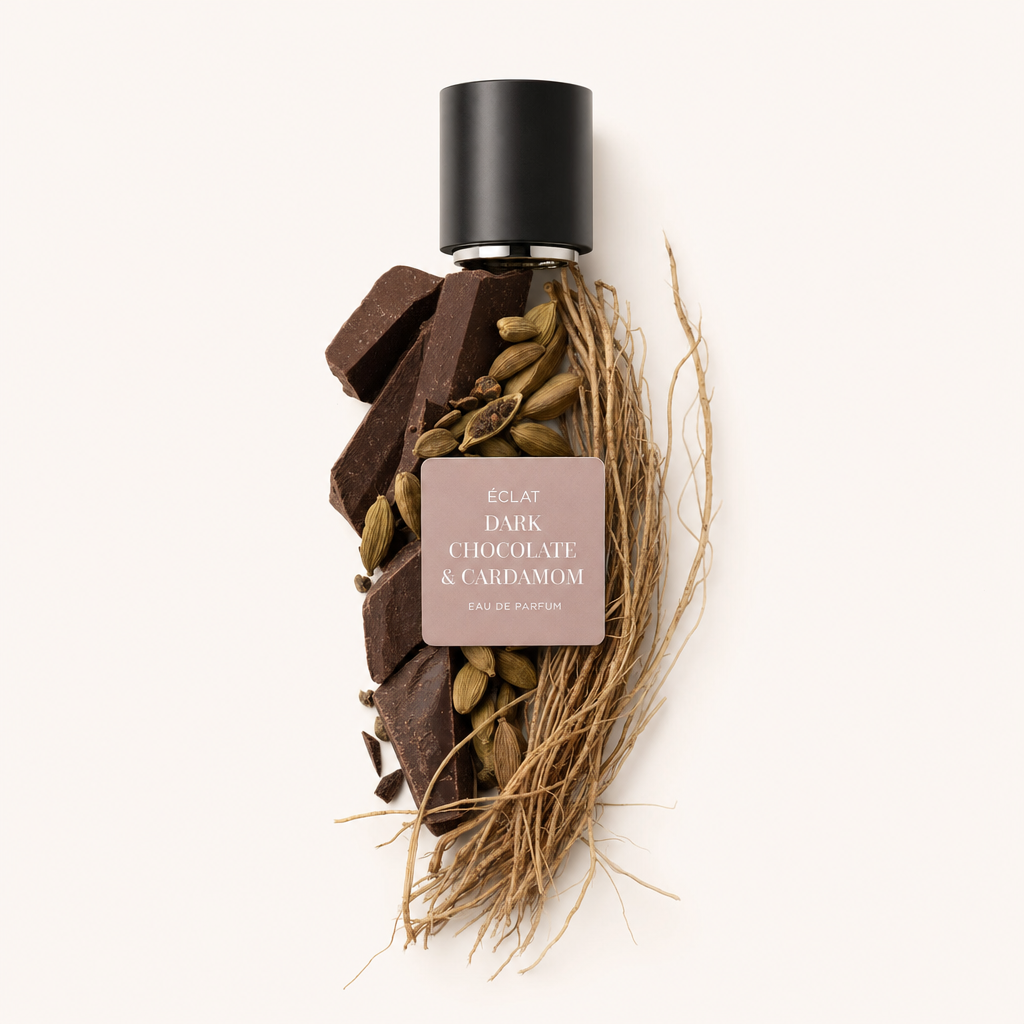 Ein Arrangement aus dunklen Schokoladenstücken und Kardamomkapseln umgibt eine schwarze Verschlusskappe mit ÉCLAT Dark Chocolate & Cardamom Etikett.