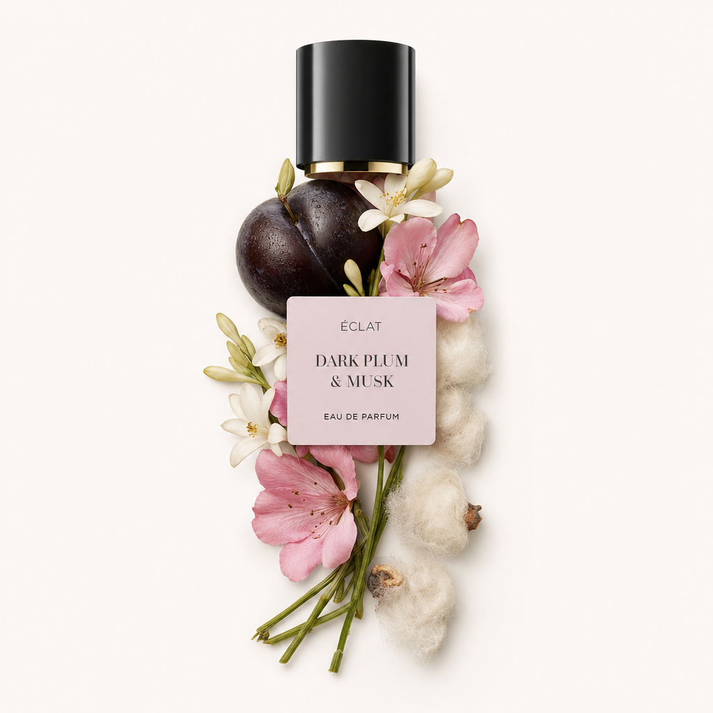 Ein Arrangement aus dunkler Pflaume, rosa Blüten und weißen Blüten mit einer schwarzen Kappe mit ÉCLAT Dark Plum & Musk-Etikett.
