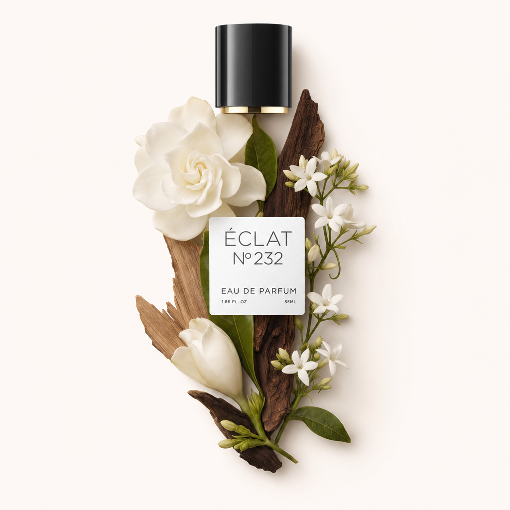 Ein Arrangement aus weißen Jasminblüten und dunklem Holz umgibt eine schwarze Kappe mit Etikett für ÉCLAT Dark Woods & Jasmine.