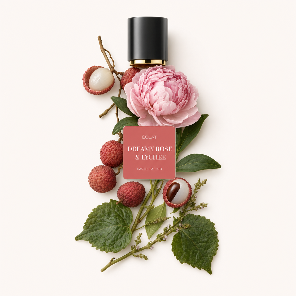 Ein Arrangement aus einer rosa Pfingstrose, umgeben von frischen Litschis, Zweigen und Laub, mit einer schwarzen Verschlusskappe mit ÉCLAT Dreamy Rose & Lychee Etikett.