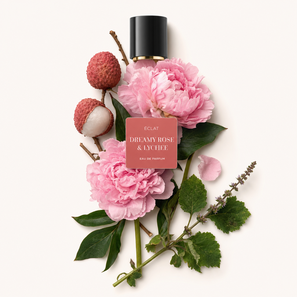 Ein Arrangement aus rosa Pfingstrosen und reifen Litschis mit einer schwarzen Kappe mit ÉCLAT Dreamy Rose & Lychee Etikett.