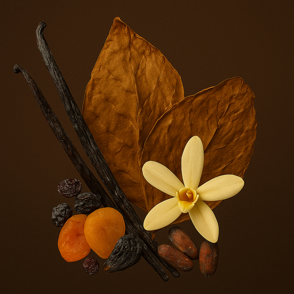 Getrocknete Tabakblätter, Vanilleschoten, Aprikosen, Rosinen und Tonkabohnen elegant arrangiert, veranschaulichen die Noten von ÉCLAT VIP - Dry Fruits, Vanilla & Tobacco auf dunklem Hintergrund.