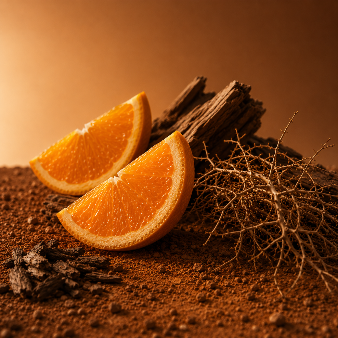 Ein Arrangement mit frischen Orangenscheiben und erdigen Elementen auf einem strukturierten Untergrund, das ÉCLAT Earthy Orange hervorruft.