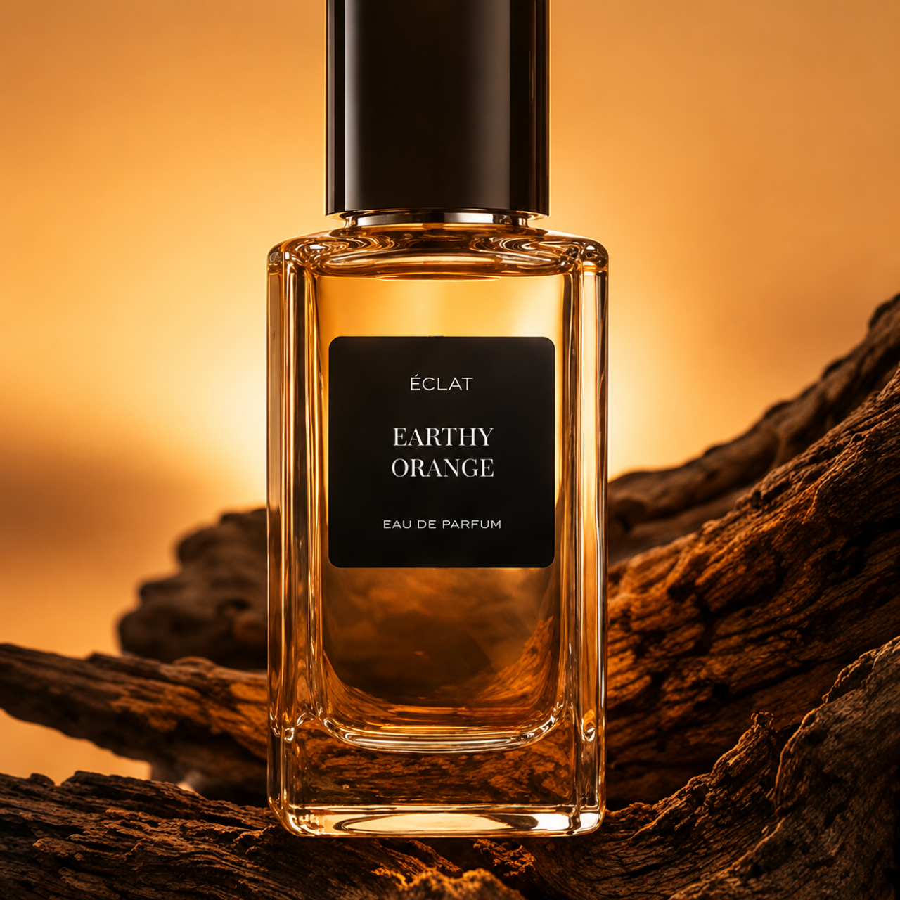 Ein facettierter Glasflakon des ÉCLAT Earthy Orange Parfums mit schwarzem Etikett vor rustikalem Holz und warmem Orange.