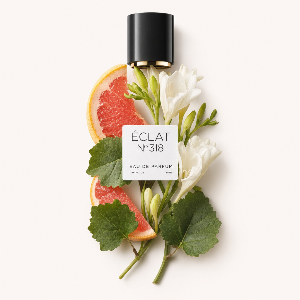 Ein Arrangement aus Grapefruitscheiben, weißen Blüten und grünen Blättern um die schwarze ÉCLAT-Verschlusskappe mit Etikett.