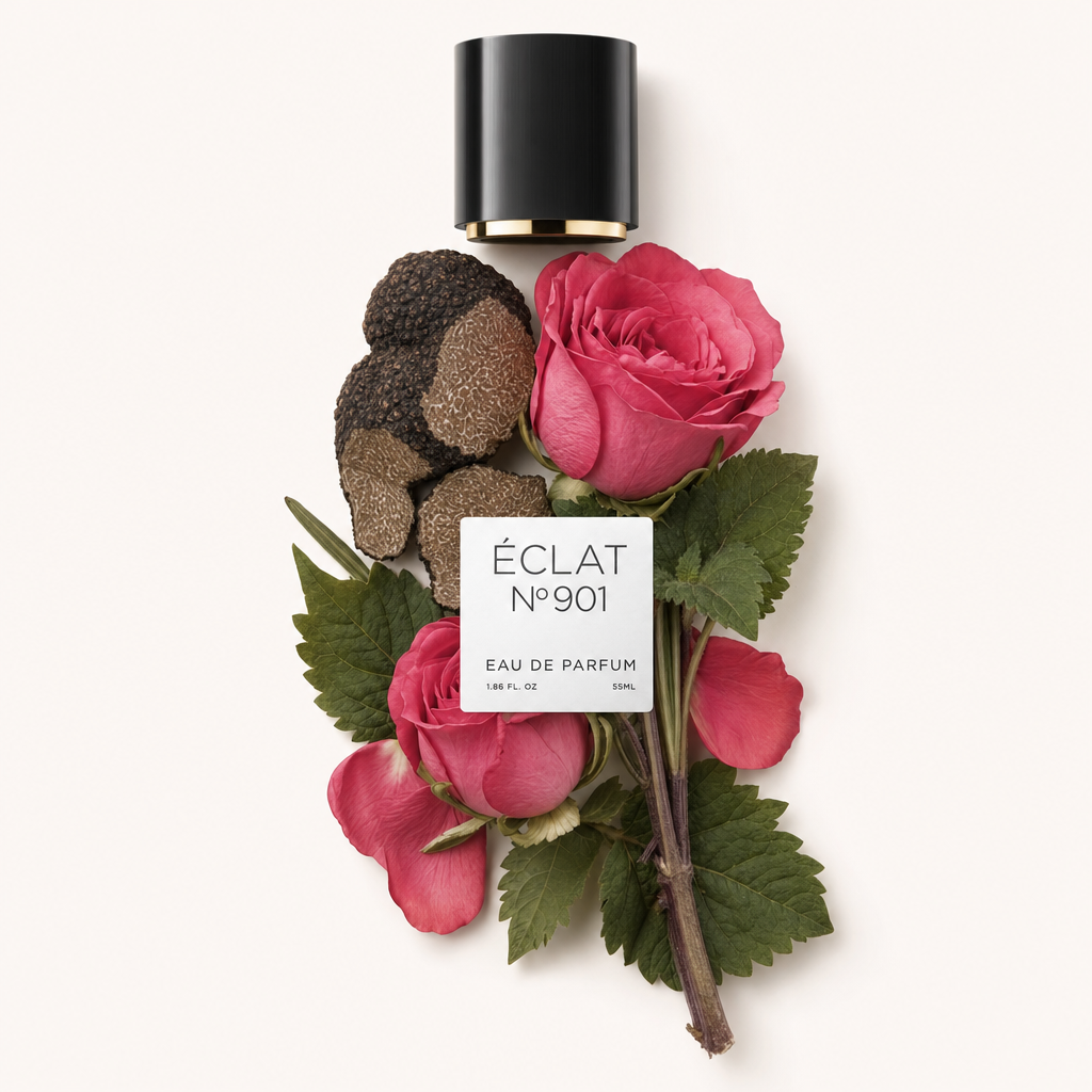 Ein Arrangement aus leuchtend pinken Rosen und erdigen Trüffelscheiben umgibt eine schwarze Kappe mit Etikett von ÉCLAT VIP - Earthy Rose.