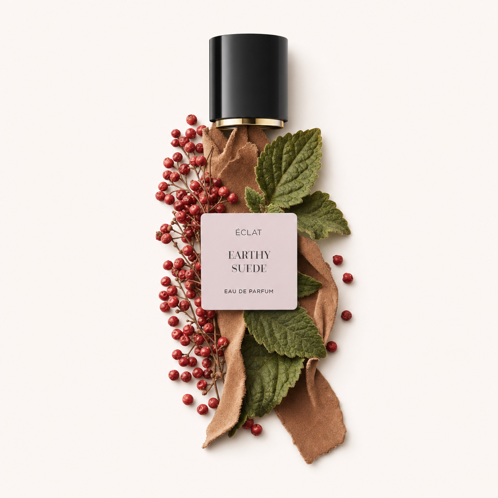 Ein Arrangement aus roten Beeren, wildlederartigem Stoff und frischen grünen Blättern liegt unter einer schwarzen Verschlusskappe mit ÉCLAT Earthy Suede Etikett.