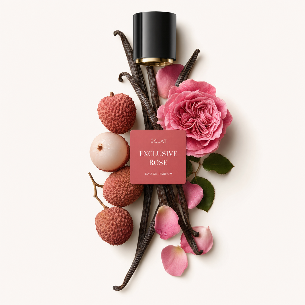 Ein Stillleben mit Zutaten von ÉCLAT Exclusive Rose: rosa Rose, Litschis, Vanilleschoten und Rosenblütenblätter, oben eine schwarze Verschlusskappe mit Etikett.