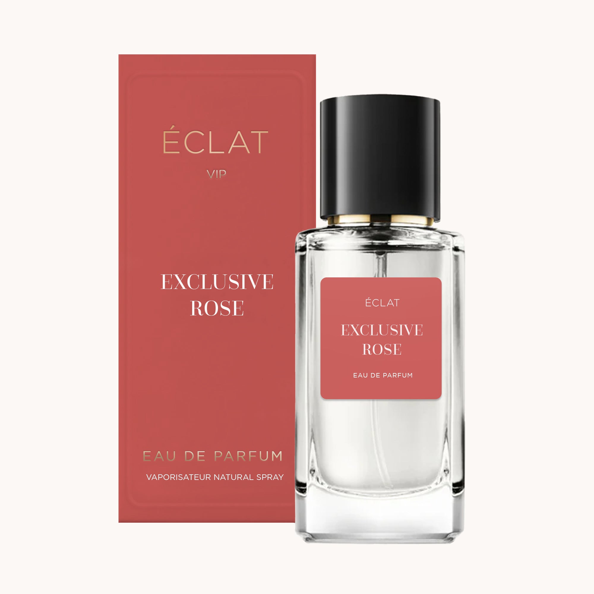 Facettierter Glasflakon mit schwarzem Verschluss und einem rosafarbenen Etikett neben passender ÉCLAT EXCLUSIVE ROSE Box.