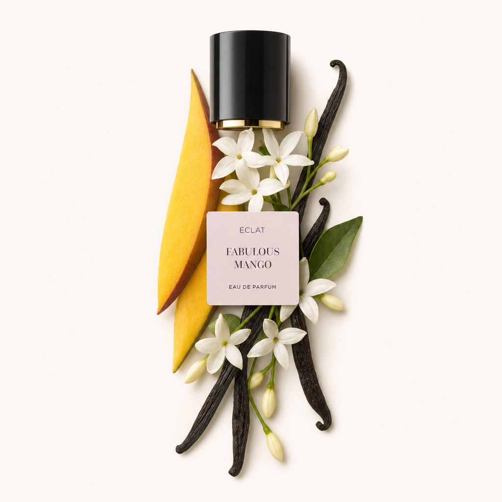 Ein harmonisches Arrangement aus Mangoscheiben, weißen Jasminblüten und Vanilleschoten umgibt eine schwarze Kappe mit goldenem Rand und einem Etikett mit der Aufschrift ÉCLAT Fabulous Mango.