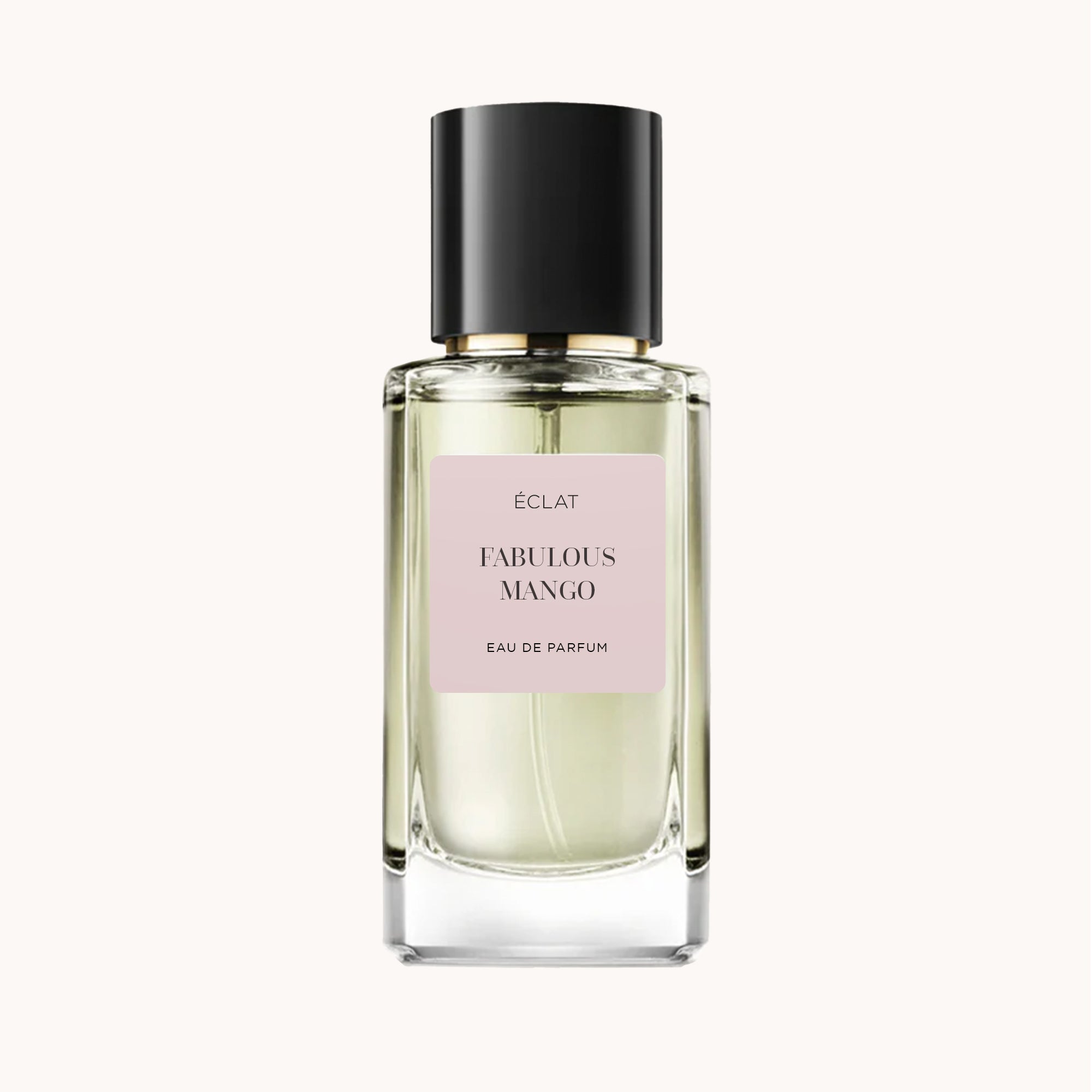 ÉCLAT Fabulous Mango in einem klaren facettierten Glasflakon mit pastellfarbenem Etikett und schwarzem Verschluss.