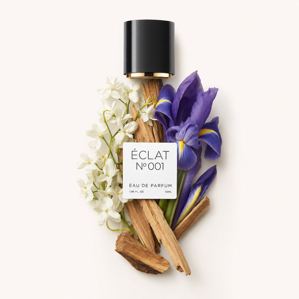 Ein kunstvolles Arrangement aus weißen Blüten, Holzstücken und einer violetten Iris umgibt eine schwarze Kappe mit goldenem Akzent, etikettiert für ÉCLAT Floral Aldehydes.