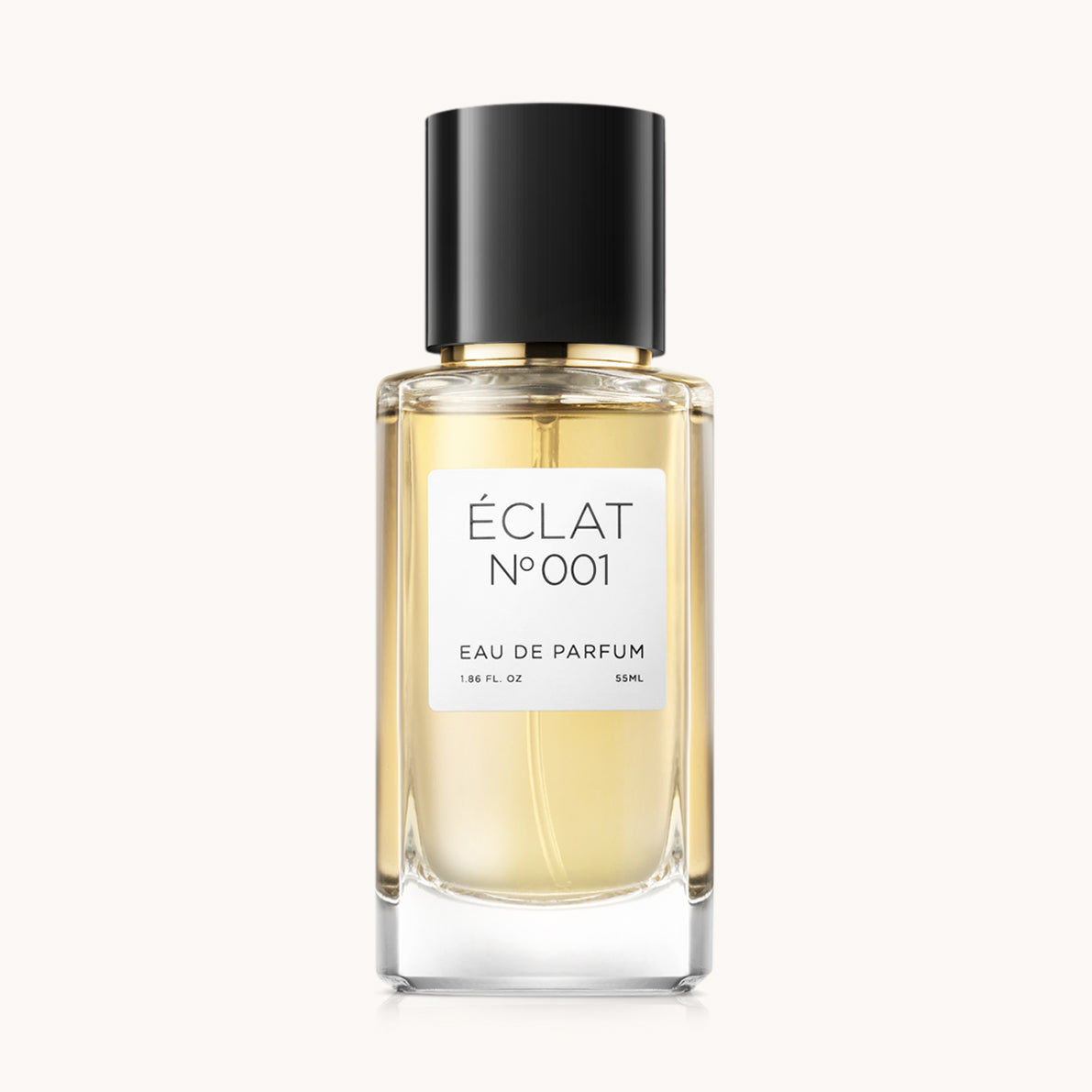 Facettierter Glasflakon von ÉCLAT Floral Aldehydes mit schwarzem Verschluss und weißem Etikett.