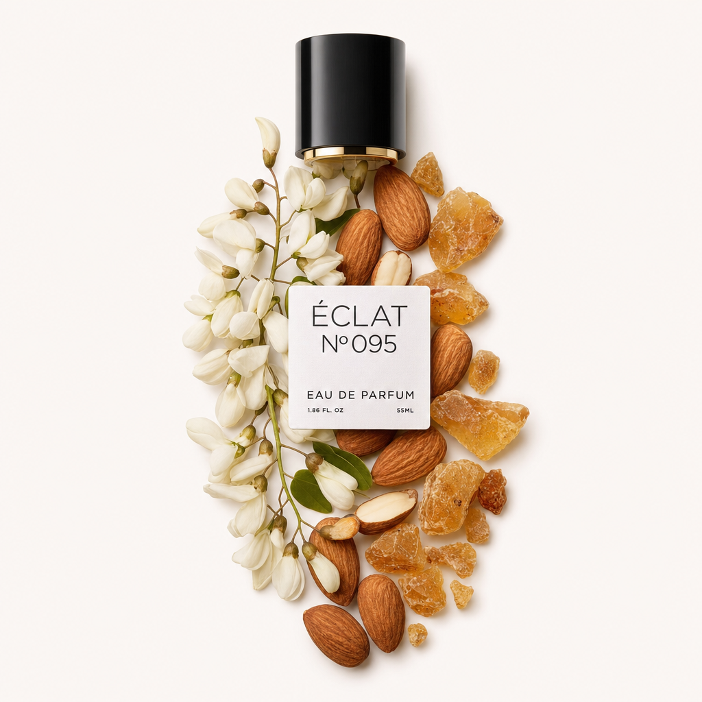 Ein Arrangement aus Mandelblüten, ganzen Mandeln und bernsteinfarbenem Harz umgibt eine schwarze Verschlusskappe mit einem Etikett für ÉCLAT Floral Almond.