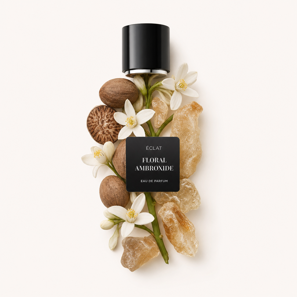 Ein Arrangement aus weißen Blüten, getrockneten Nüssen und Bernsteinharz, darüber eine schwarze Kappe mit der Aufschrift ÉCLAT Floral Ambroxide.