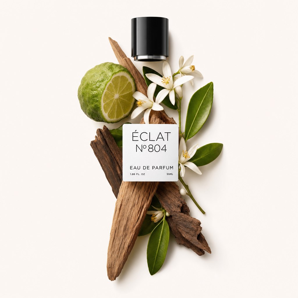 Ein Arrangement aus Bergamotte, weißen Blüten, grünen Blättern und Holzstücken umgibt eine schwarze Kappe mit dem Etikett ÉCLAT Floral Bergamot.