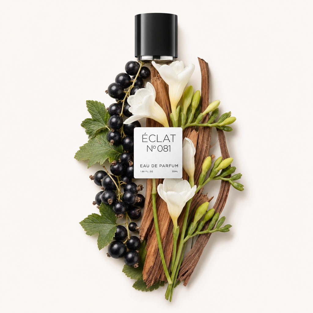 Ein Arrangement aus schwarzen Johannisbeeren, weißen Blüten, grünen Blättern und Holzstücken umgibt die originale schwarze Verschlusskappe mit Etikett von ÉCLAT Floral Blackberry.