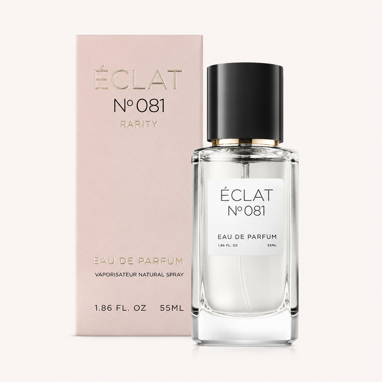 Ein facettierter Glasflakon von ÉCLAT Floral Blackberry mit matter schwarzer Kappe, neben einer roséfarbenen Box.