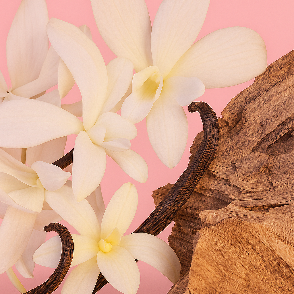 ÉCLAT Floral Blackcurrant Bild mit weißen Blumen, Vanilleschoten und Holz auf rosafarbenem Hintergrund.