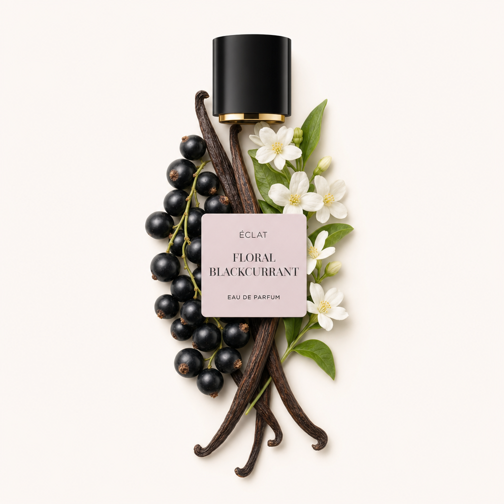 Ein Arrangement aus schwarzen Johannisbeeren, Vanilleschoten und weißen Blüten umgibt eine schwarze Kappe mit ÉCLAT Floral Blackcurrant Etikett.
