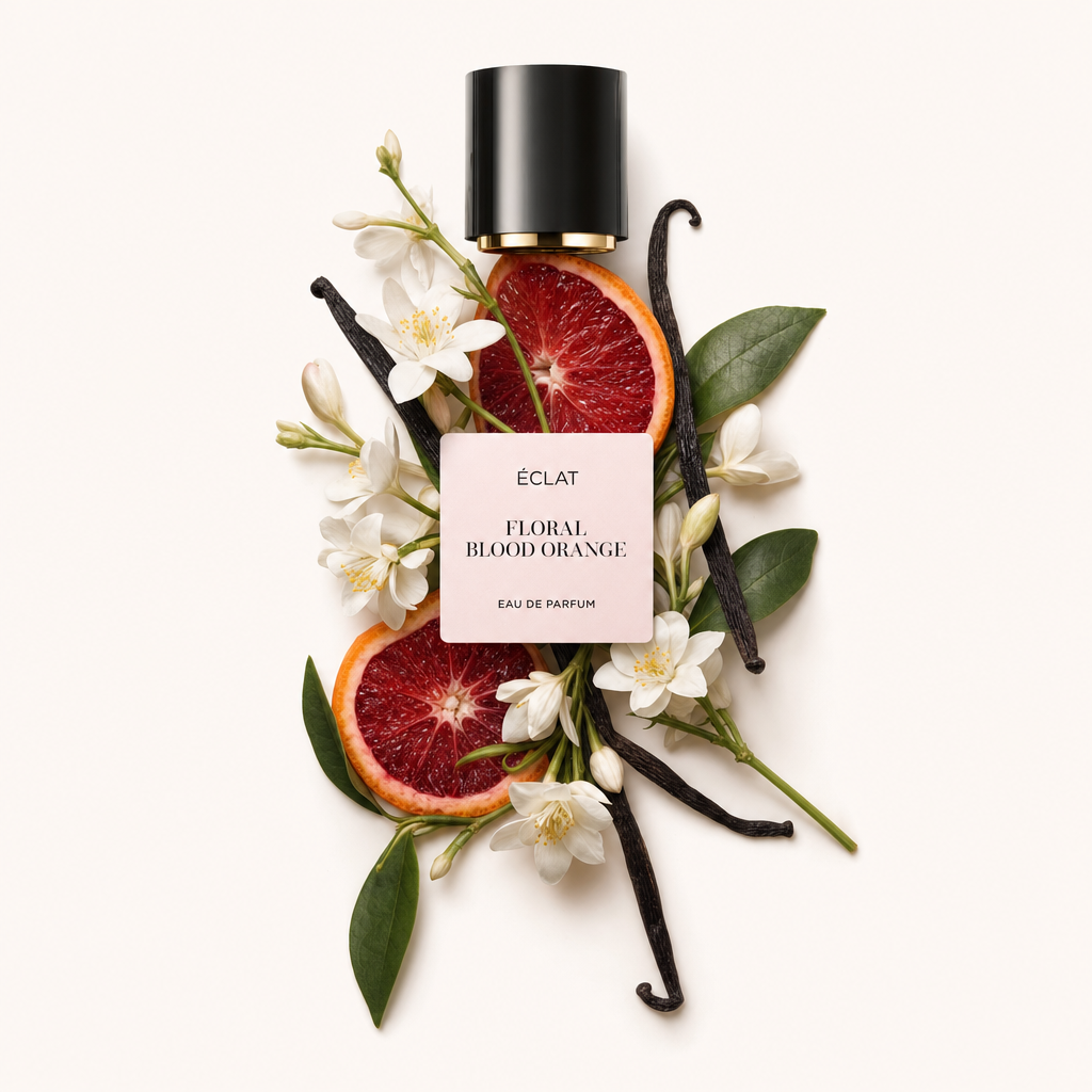 Ein Arrangement aus frischen Blutorangenscheiben, weißen Blüten und Vanilleschoten, gekrönt von einer schwarzen Kappe mit dem Etikett ÉCLAT Floral Blood Orange.