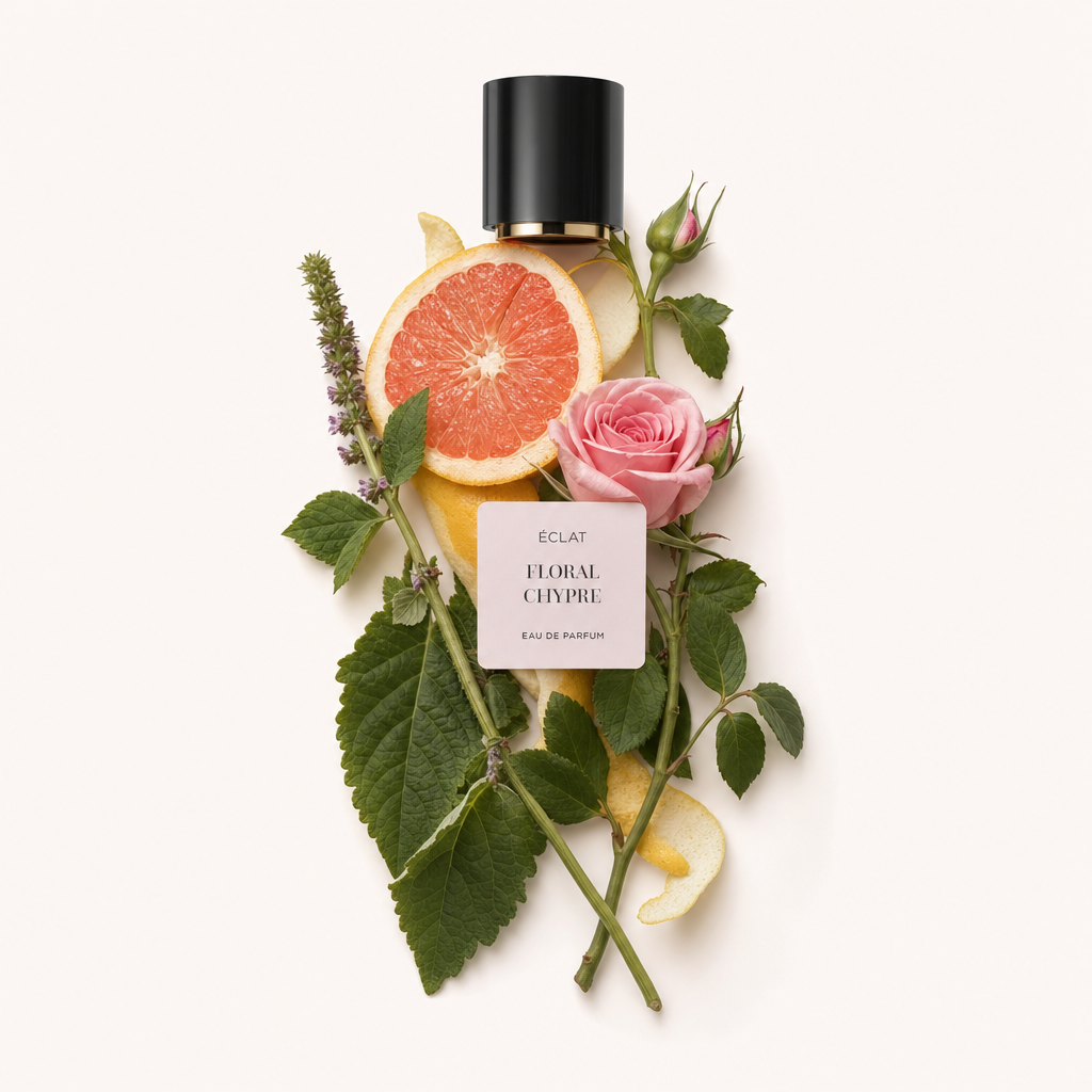 Ein Arrangement von Zutaten für ÉCLAT Floral Chypre mit einer schwarzen Kappe; umfasst Rose, Grapefruit, Minze und Blätter.